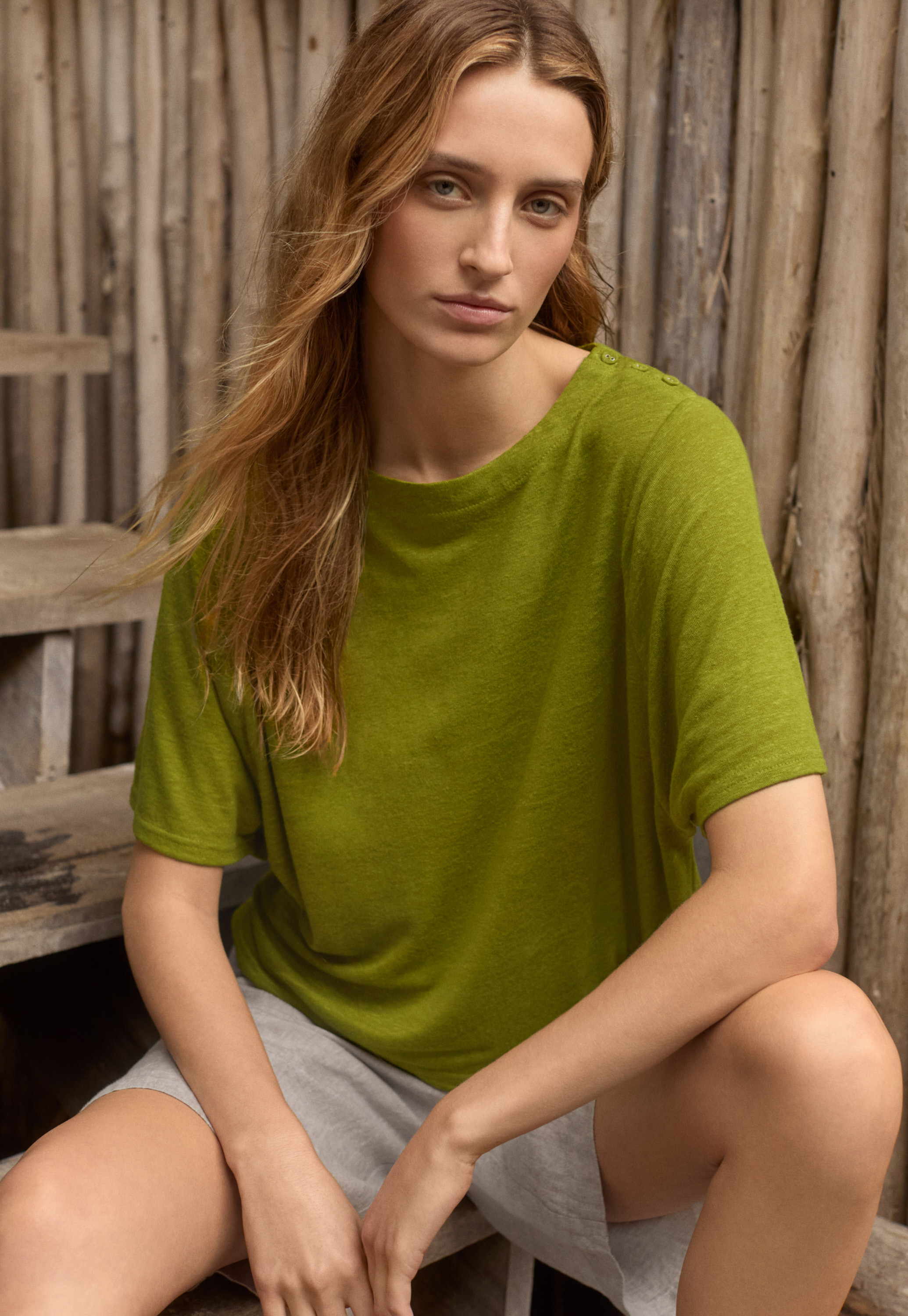 Poetry - Linen jersey button-shoulder top