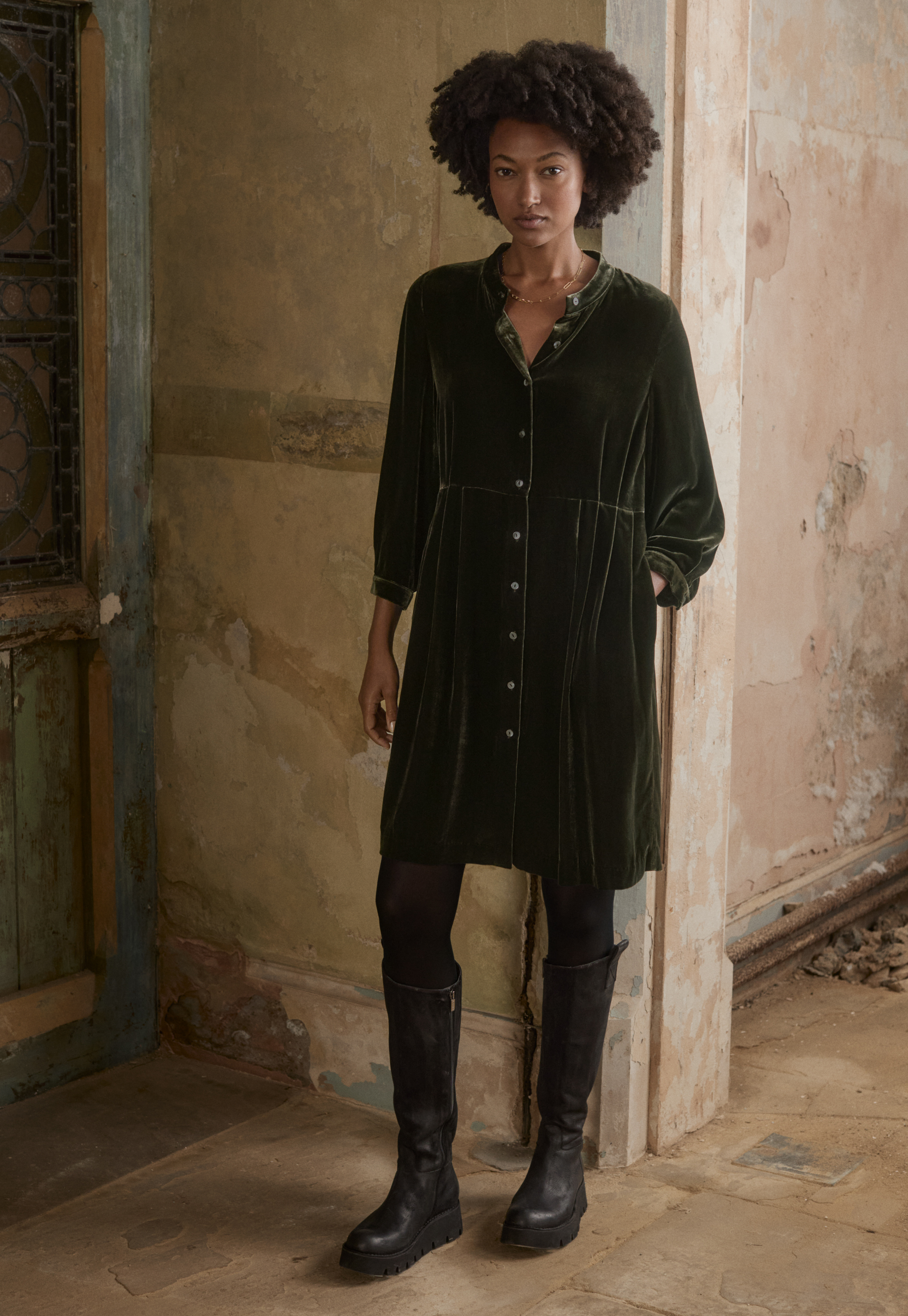 Poetry Silk velvet pleat waist dress