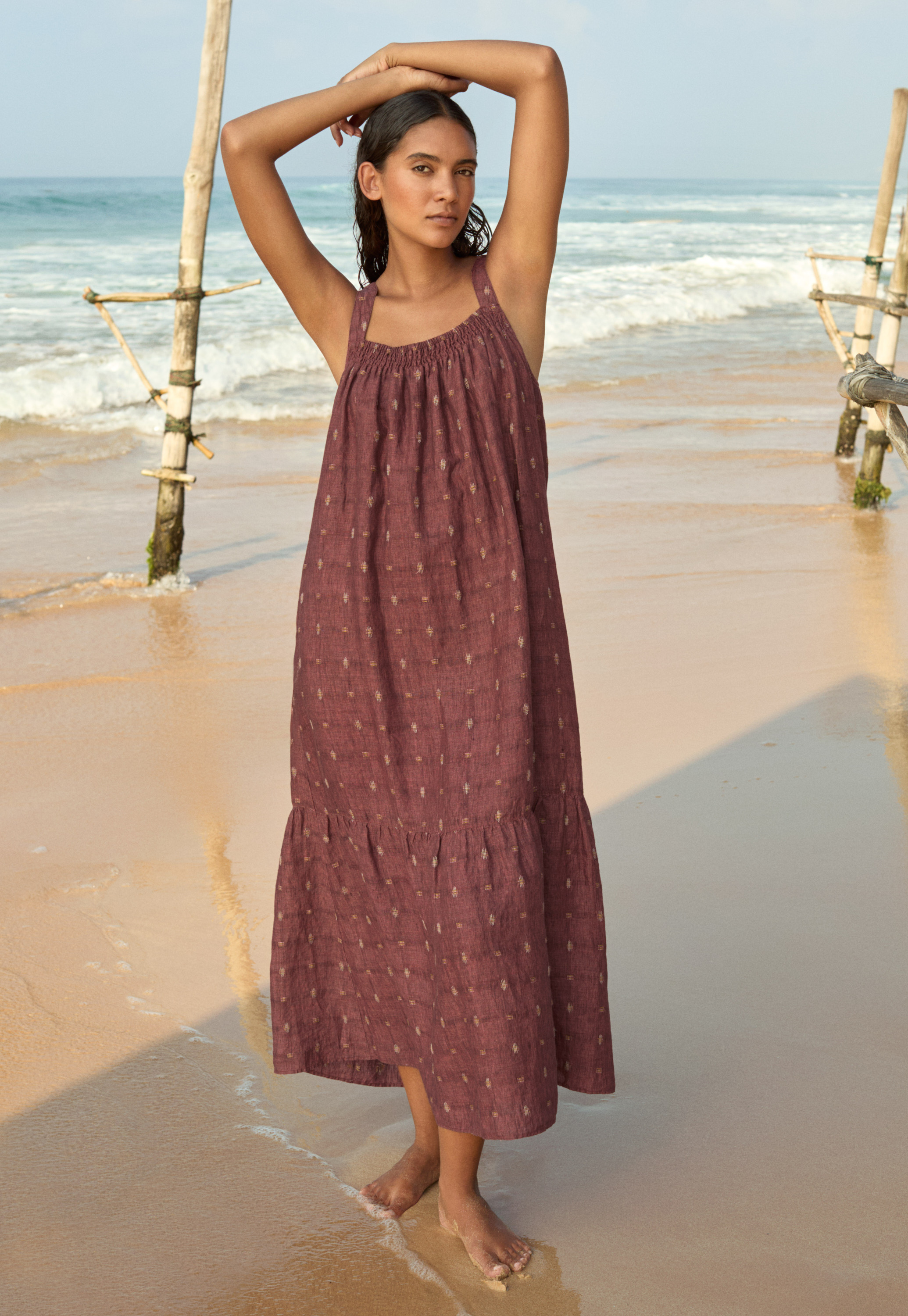POETRY - Linen clipped dobby-weave strap dress