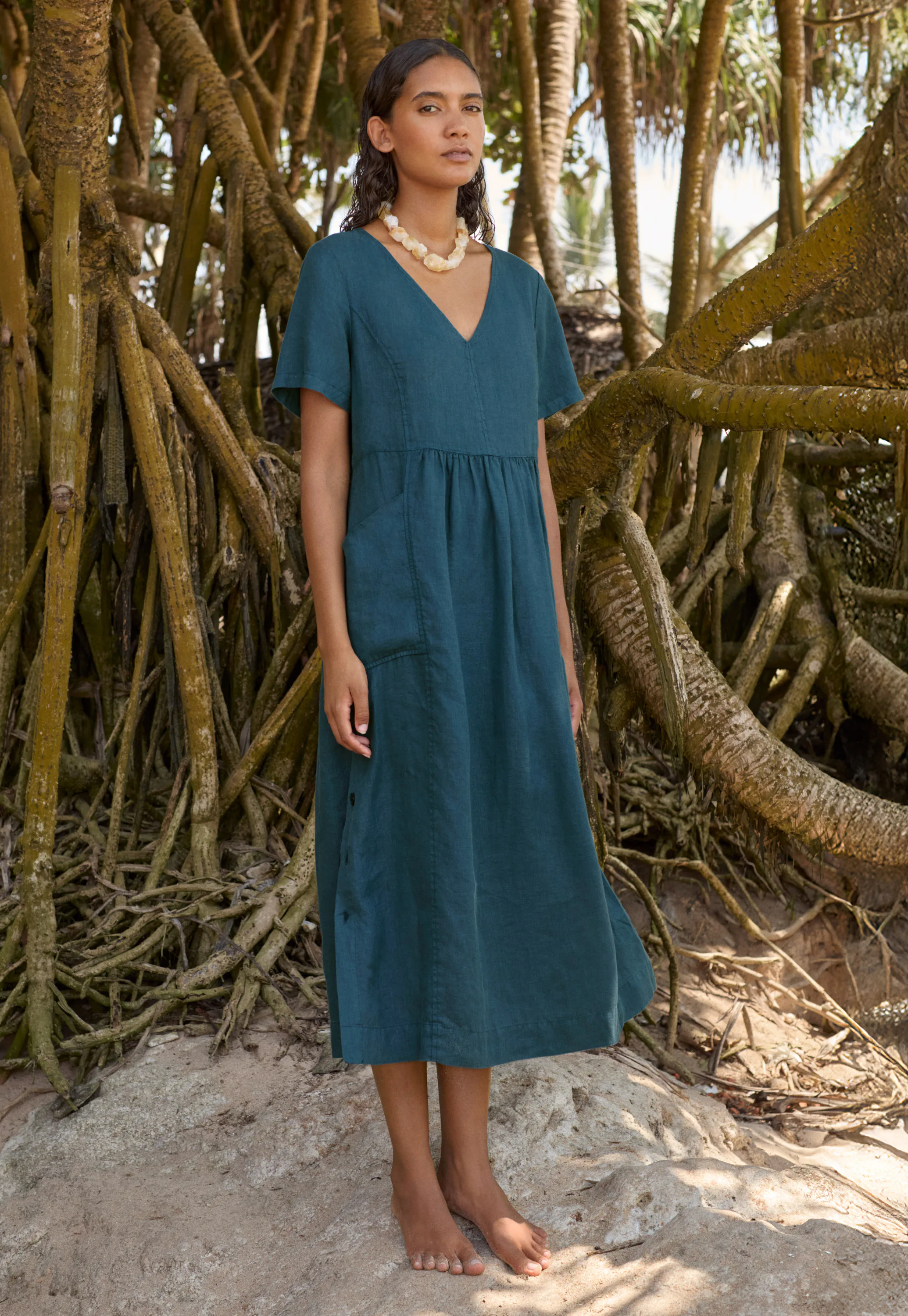 POETRY - Short-sleeve v-neck linen dress POETRY - Short-sleeve v-neck linen dress