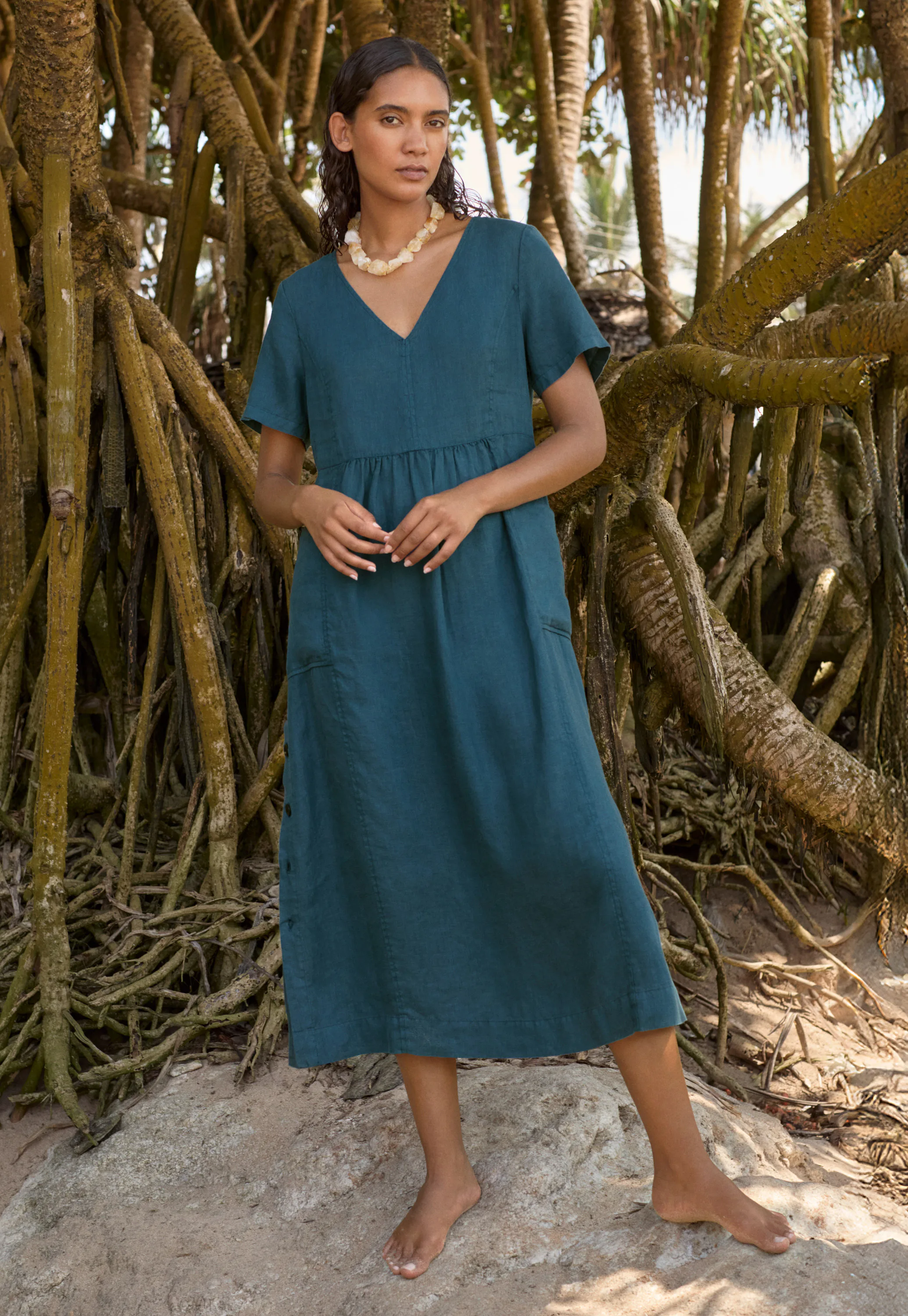 POETRY - Short-sleeve v-neck linen dress POETRY - Short-sleeve v-neck linen dress