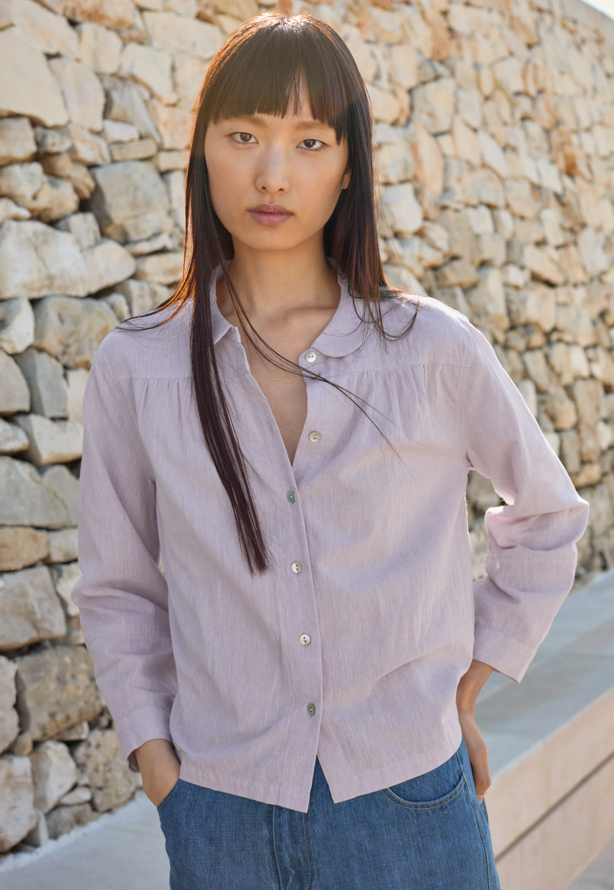 round collar dress shirt Cotton linen & kapok round-collar button down blouse in a slightly fitted silhouette with round peter pan collar Stevenland Steven Land The Primo