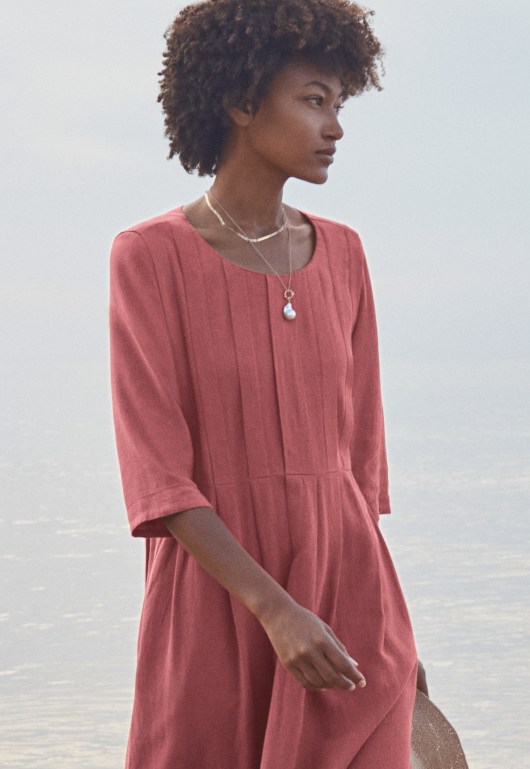 Pleat-detail EcoVero™ \u0026 linen dress