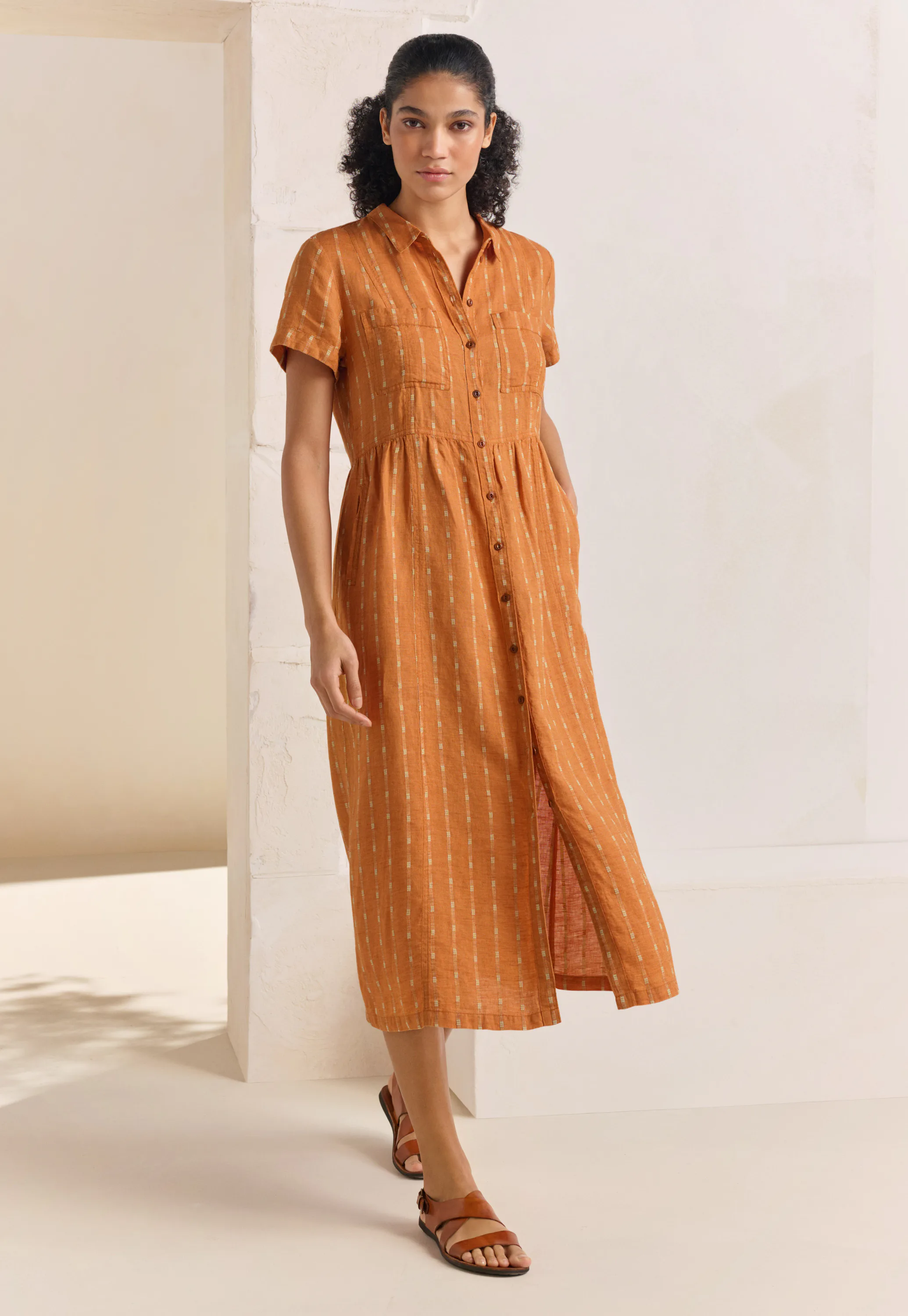 linen dress striped J.McLaughlin Women's Mary in Stripe Denim/White, Size 0 Bust 33 (84 cm) Metallic Stripe Linen Three Quarter