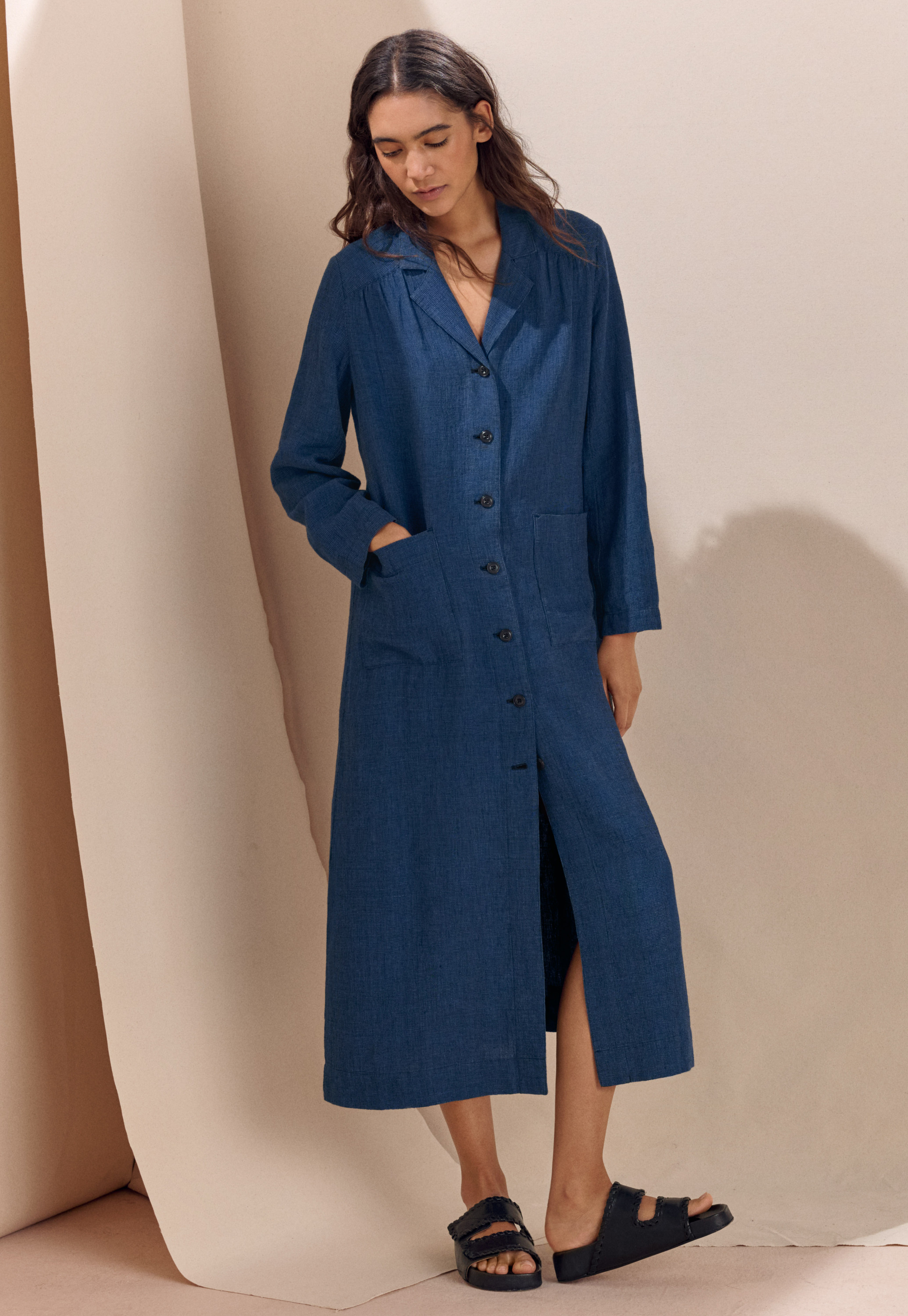 knee length dresses for ladies Linen Smock 'Lisa' with Long Sleeves, Button Up Dress