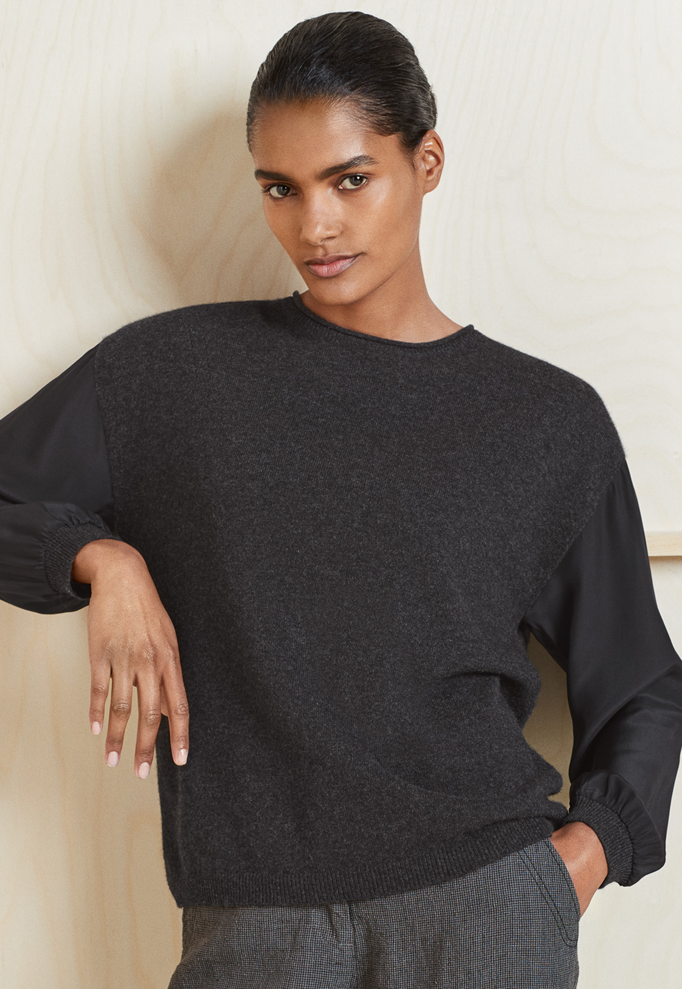 Cashmere and woven silk sleeve sweater