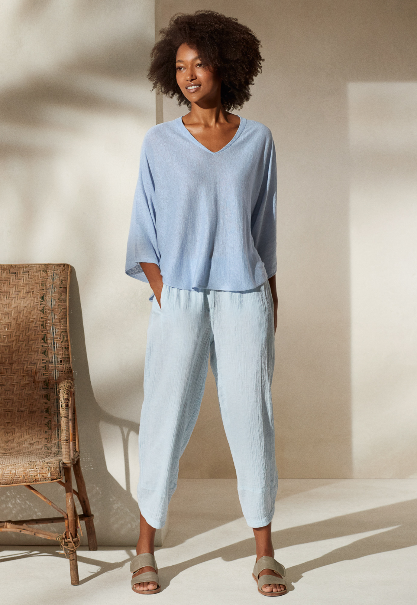 Crinkle Linen Cotton Cropped Trousers
